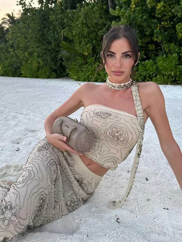 100% Embroidery Sequin Maxi Skirt Suits Women Chic Sleeveless Off Shoulder Scarf Backless Slim Vest Sets Lady Party Wear 2025 XJ250722