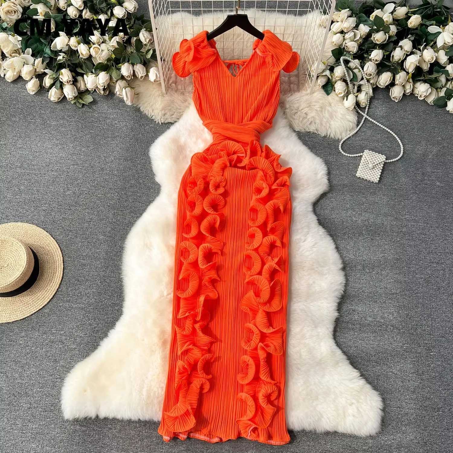 2025 CM.YAYA Women Ruffles Splicing V-neck Sleeveless Bodycon Midi Pleated Maxi Long Dress Birthday Sexy Club Party Even Dresses XJ250722