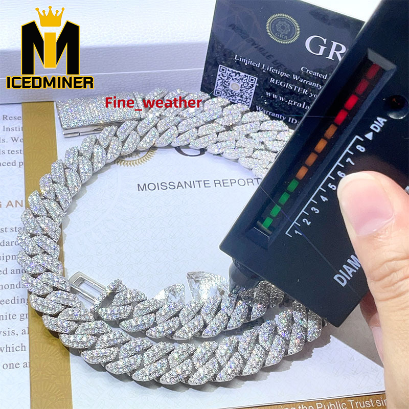 Moissanite 13mm Cuban Chain Link Necklaces Chain Hip Hop Jewelry Moissanite S925 Silver Cuban Chain Necklaces for Men Women