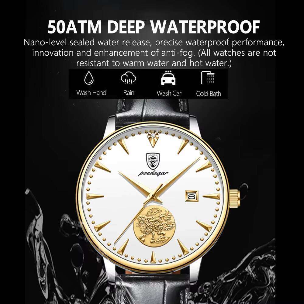 DHwatches POEDAGAR Men's Luxury Automatic Watch - Ultra-Thin 10mm, Skeleton Dial, Moon Phase, 50M Waterproof, Genuine Leather Strap