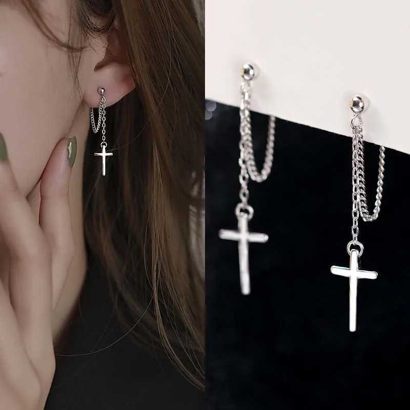 Punk Silver Color Cross Drop Earrings for Women Men Gothic Hip Hop Long Tassel Hanging Earrings Jewelry Gift Bijoux XJ250722