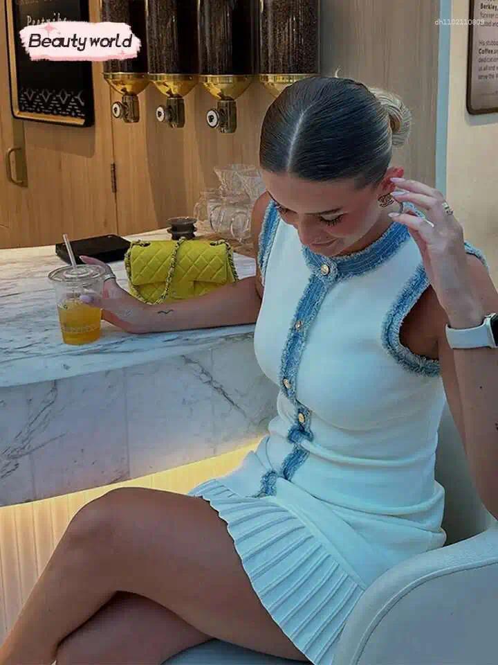 Casual Dresses Women Elegant Pleated Patchwork Knitted Mini Dress Lady Round Neck Sleeveless Single Breasted Fashion Vestido