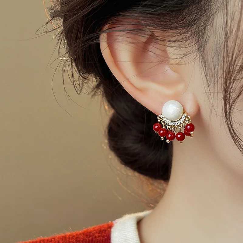 South Korea Temperament Unique Red Beads Tassel Imitation Pearls Stud Earrings For Women Fashion Sweet Crystal Jewelry Gifts XJ250722