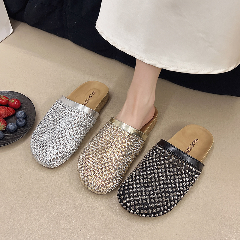 Luxury Brand Designer Shoes French Style Rhinestone Flat Slippers For Women 2025 New Retro Fashion Elegant Comfortable Closed-Toe Half Slippers With D
