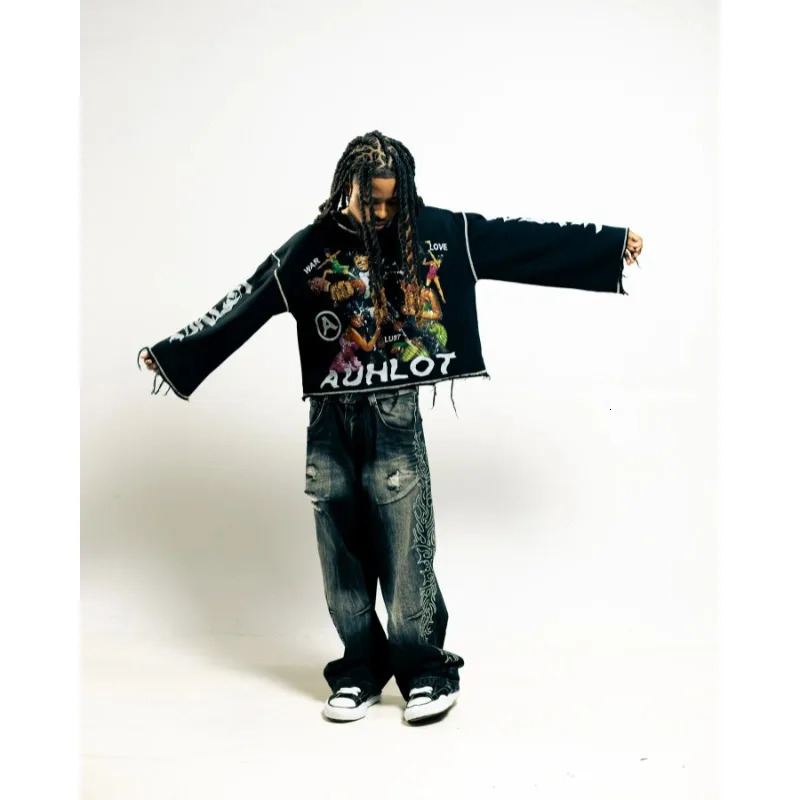 Hip-hop letter printing high quality patchwork long-sleeved T-shirts for men summer versatile cotton edge loose retro gothic top 250714