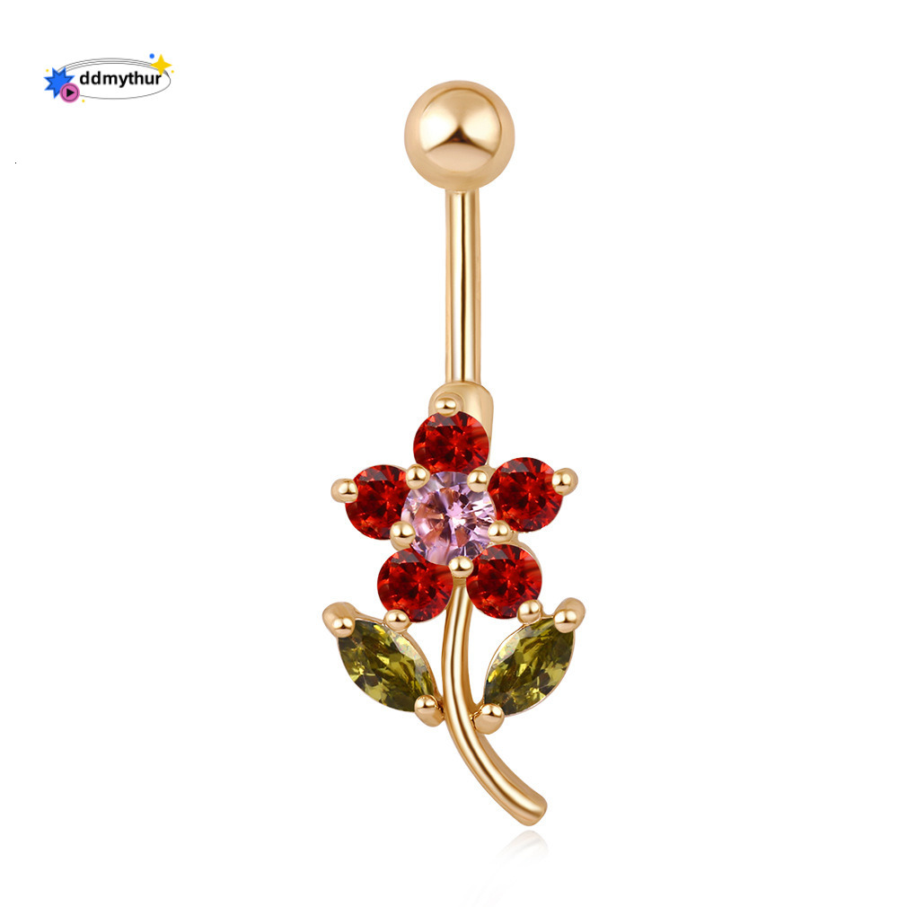 Ins Style Female Copper Material Cute Flower Shape Micro Inlaid Zircon Belly Button Ring Body Piercing Jewelry ddmythur