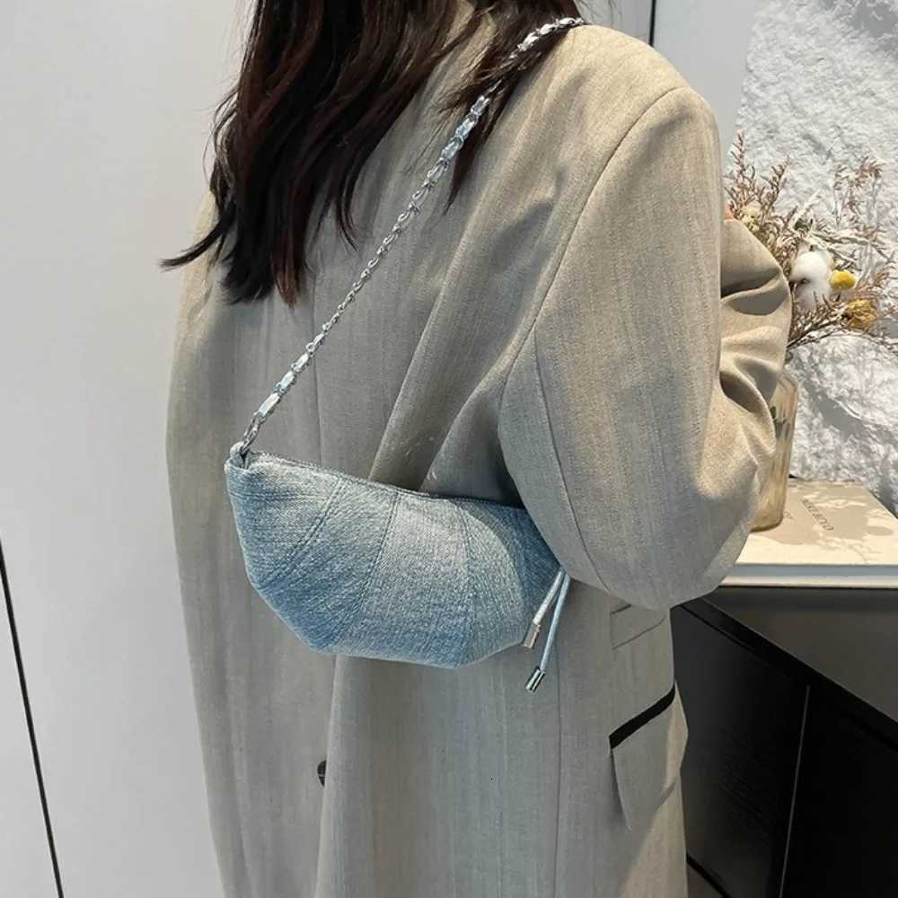 Fashion Chain Croissant Pack Satchel Half Moon Zipper Denim Dumpling Bag Korean Style Handbag Nylon Shoulder Bag Student XJ250704