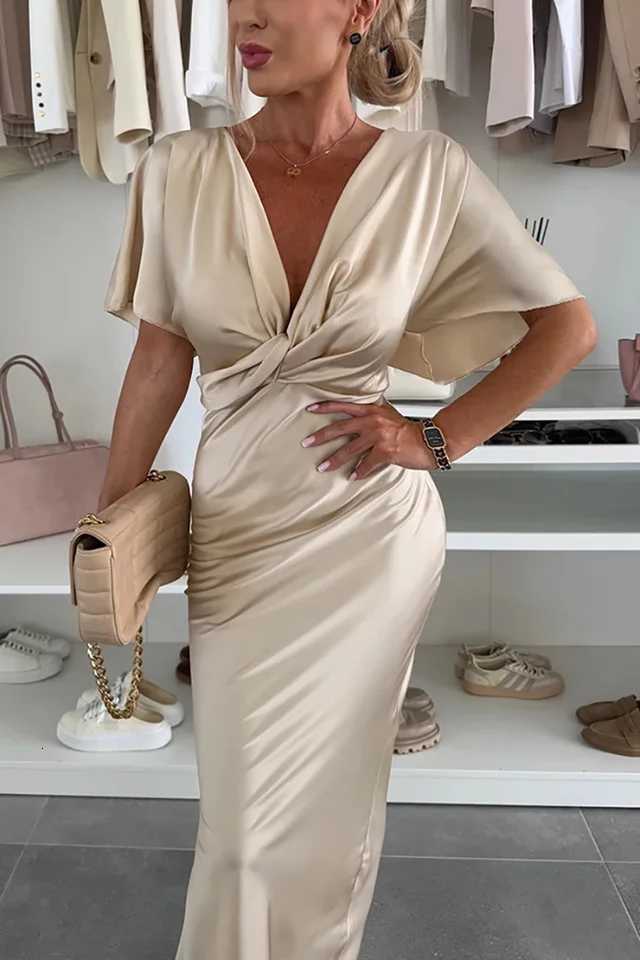 VEITCHE Sexy Satin Summer Dress Ele Deep V Collar Bat Short Sleeve Party Dress Women Temperament Slim Fit Solid Long Dress XJ250722
