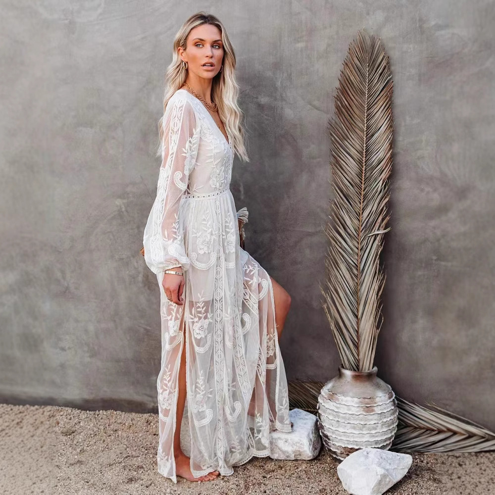 2022 spring and summer new womens lace long sleeve V-neck solid color Chiffon summer dress 210531