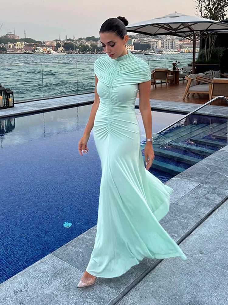 Light Green Ruched Maxi Dress Women High Neck Cap Sleeve Flared Hem Fitted Dresses New Ele Party Holiday Lady Gown 2025 XJ250722
