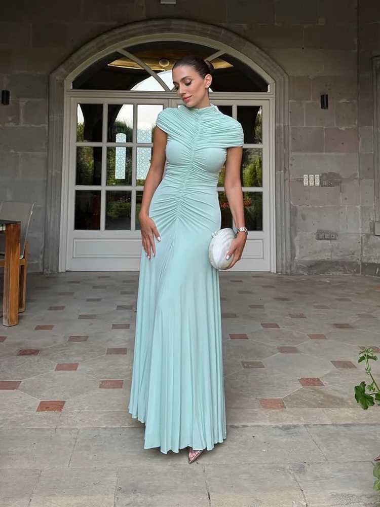 Light Green Ruched Maxi Dress Women High Neck Cap Sleeve Flared Hem Fitted Dresses New Ele Party Holiday Lady Gown 2025 XJ250722