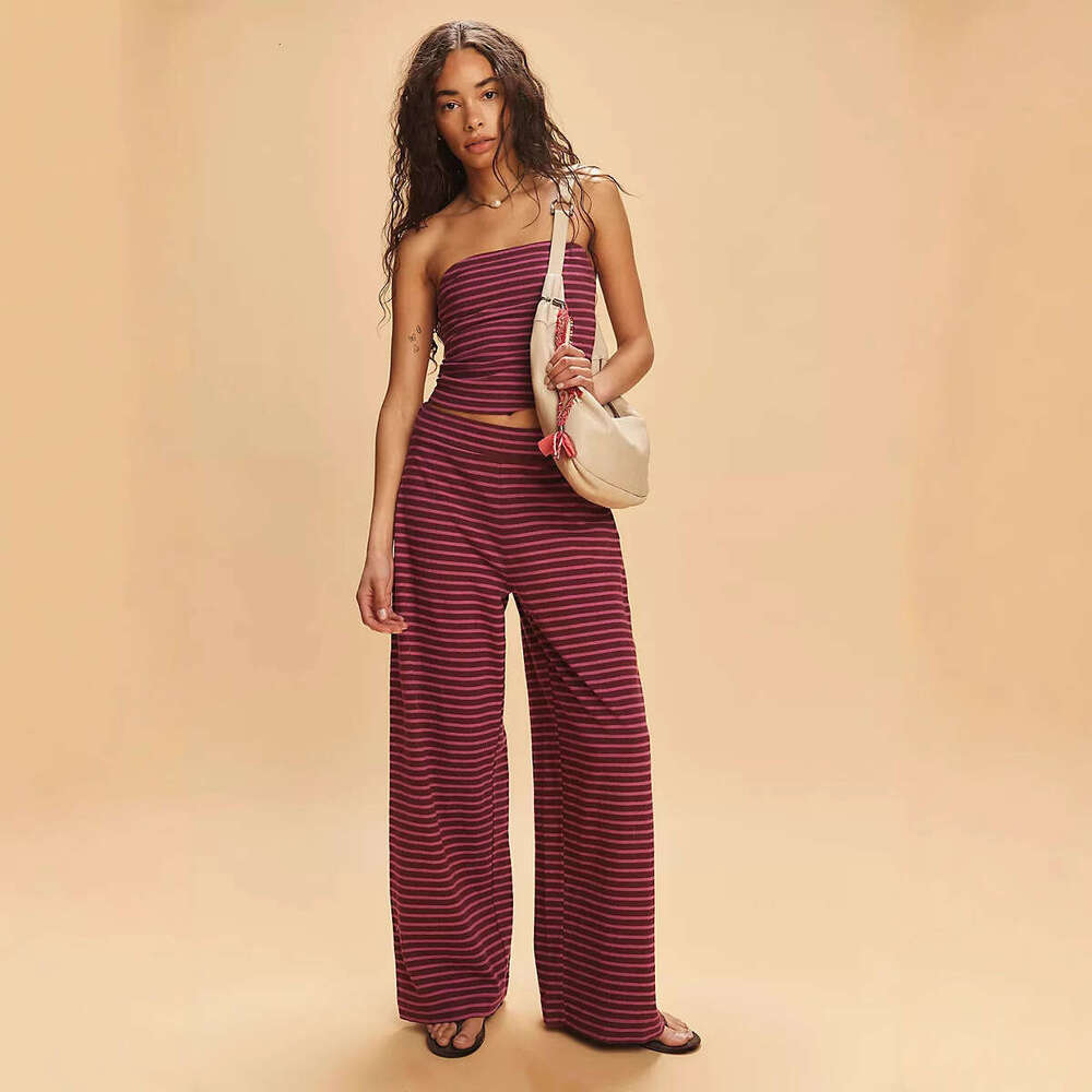 Sexy Slim Fit Casual Striped Color Block Tube Top Fashion Elastic Waist Long Pants Two-Piece Set B5