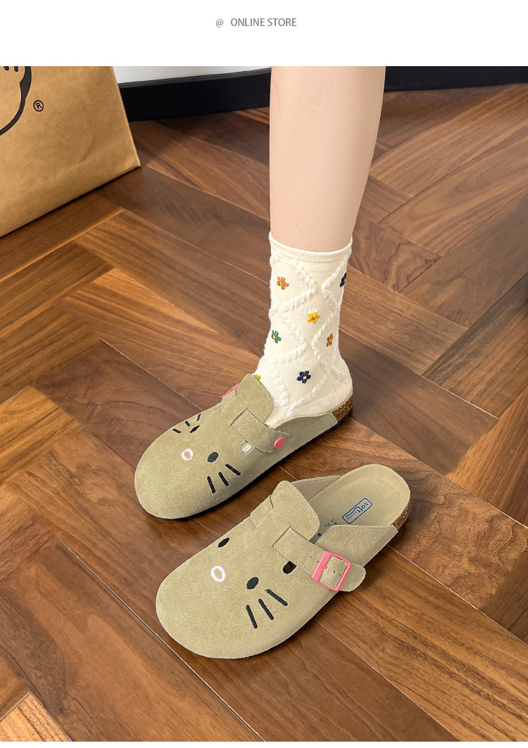 Embroidered flip-flops women's outerwear 2025 new thick-soled flip-flops women's cute cat decoration free shipping