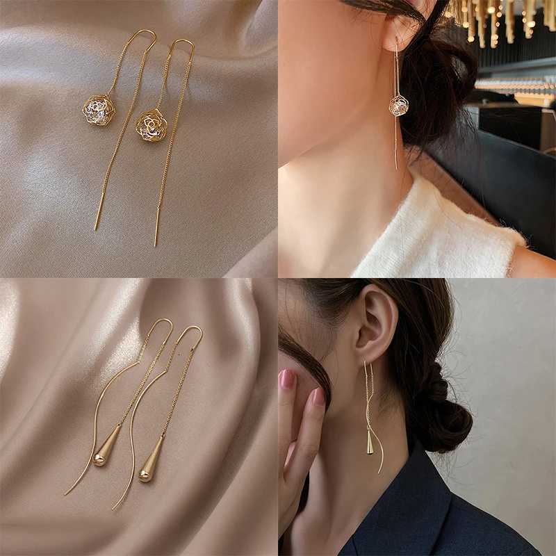 LATS Trend Long Wire Tassel Thread Chain Climbing Star Heart Beads Pendants Drop Earrings Womens Straight Hanging Earrings Jewelry XJ250722