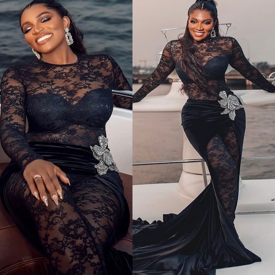 Black Mermaid Prom Dresses 2025 Flowers Lace Velvet See Through Evening Formal Party Second Birthday Engagement Gowns Plus Size Dress For Special Occa