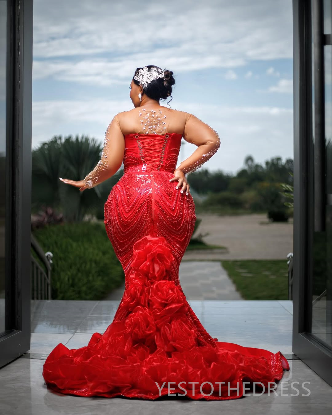 2025 Plus Size Red Prom Dress For Black Women Mermaid Evening Dresses Robe De Soiree Sheer Neck Long Sleeves Beaded Lace Birthday Dress Second Recepti
