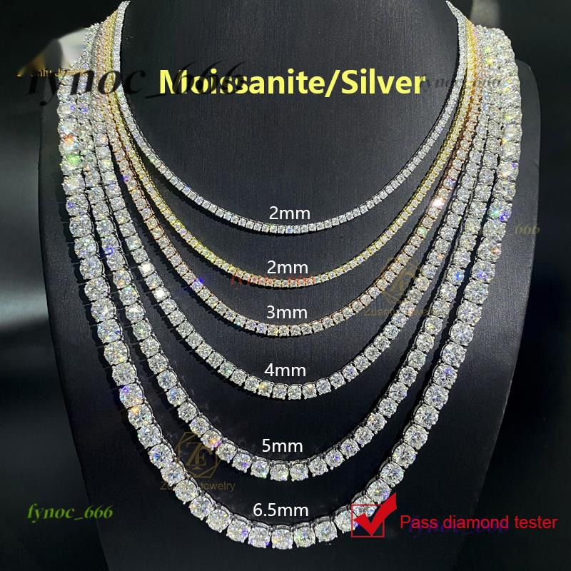 New Arrival Iced Out D Color 2MM 3MM 4MM 5MM 6.5MM VVS Moissanite Diamond 925 Sterling Silver Tennis Chain Necklace for Men