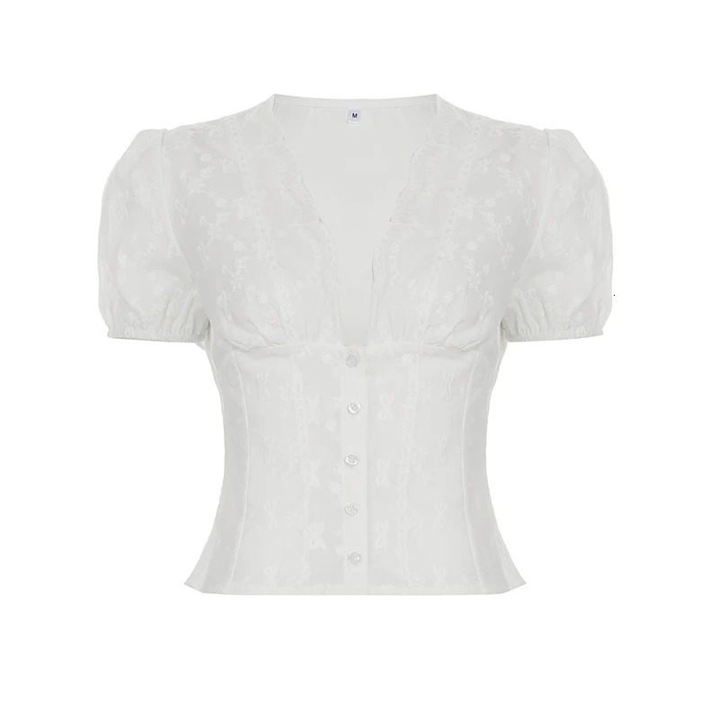 Darlingaga Y2K Bow Textured Waist Cinching Shirts Women Summer Puff Sleeve VNeck Cardigan Tops Cutecore ButtonFly Girls Blouse 250717