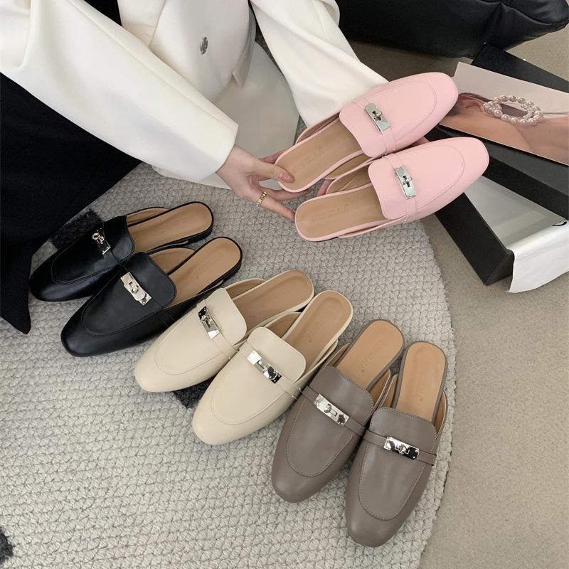French cowhide sandals toe semi-slippers women's wears spring and summer lazy casual one-footed muller commuter shoes