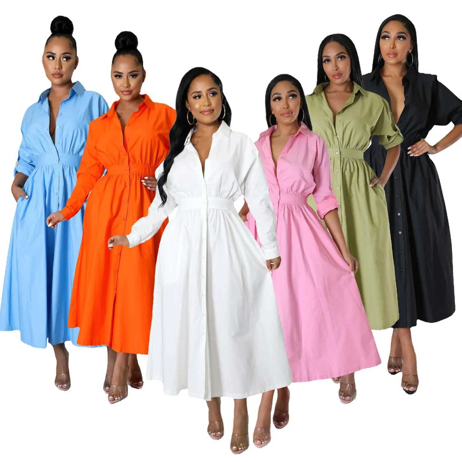 4383 Womens Fashionable Micro-Popping Shirt Dress Loose-Fit Long Sleeve Long Dress European and American Style XJ250722