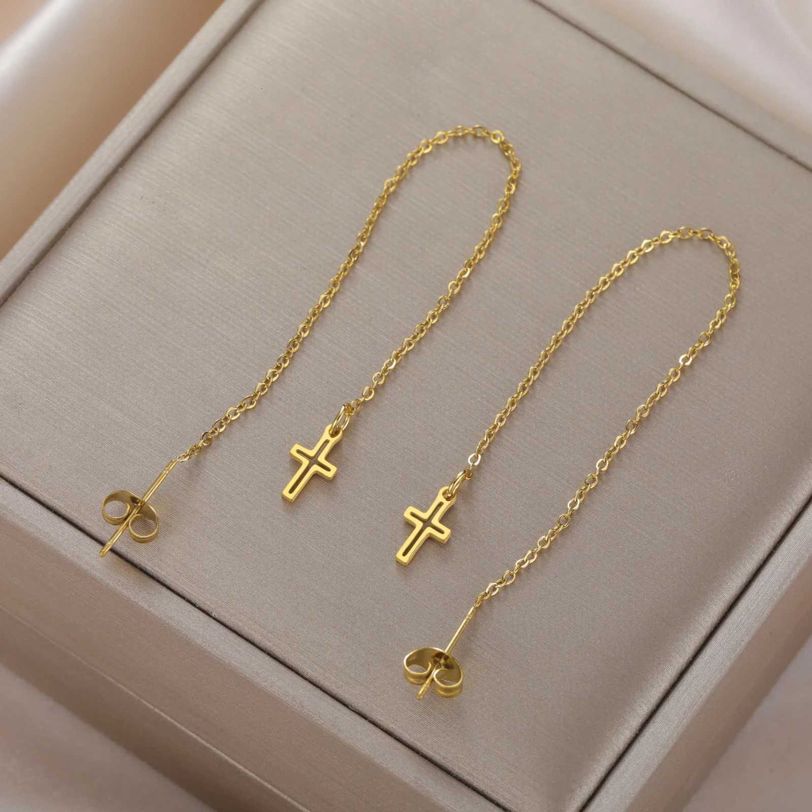 Hunter Cross Long Tassel Earrings for Women Stainless Steel Jewelry Christian Earrings Jesus Valentines Day Gift Wholesale XJ250722