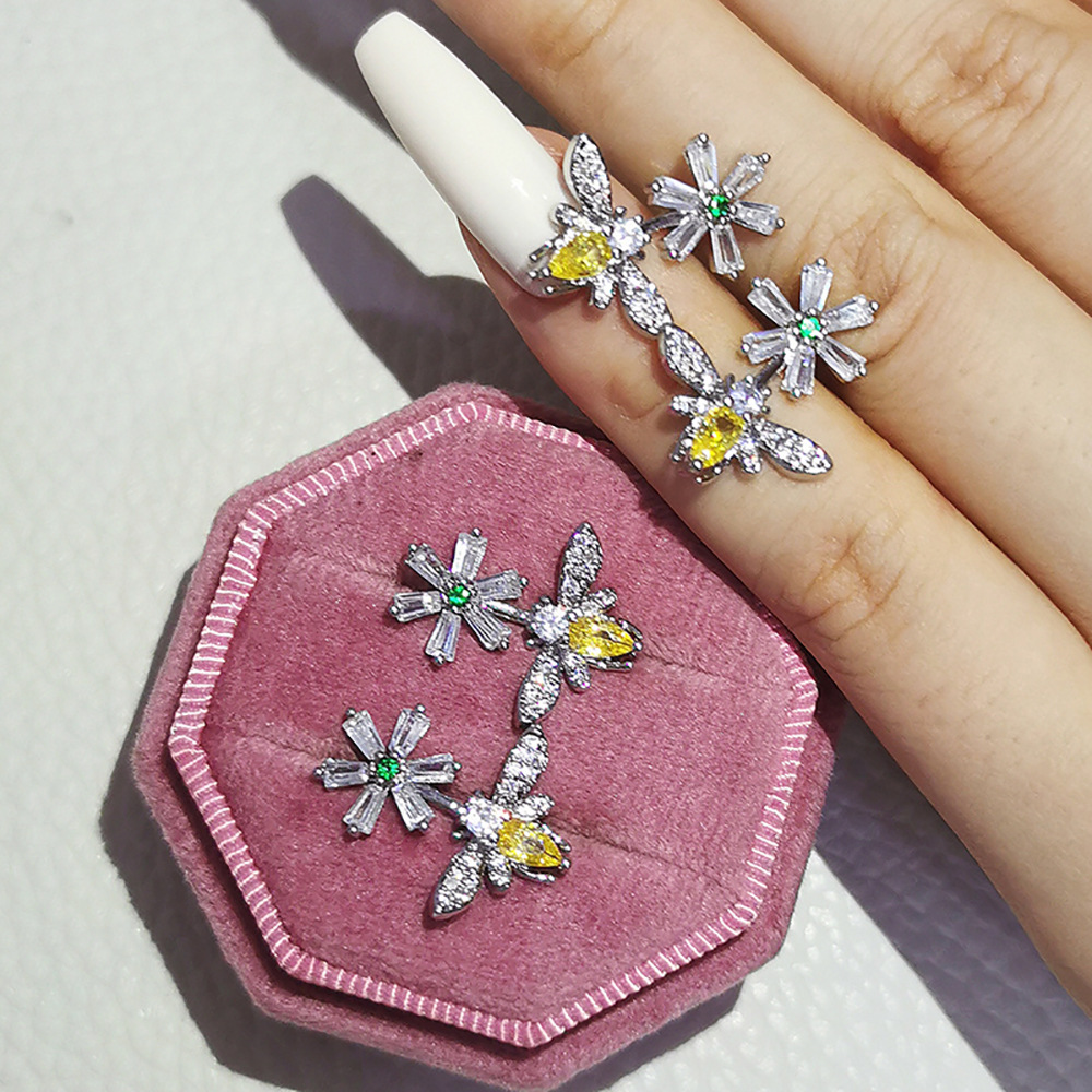 Silver - Tone Flower And Bee - Shaped Earrings With Rhinestone And Colored Gem Accents Charming Party Jewelry And Gift For Her High Quality And Unique