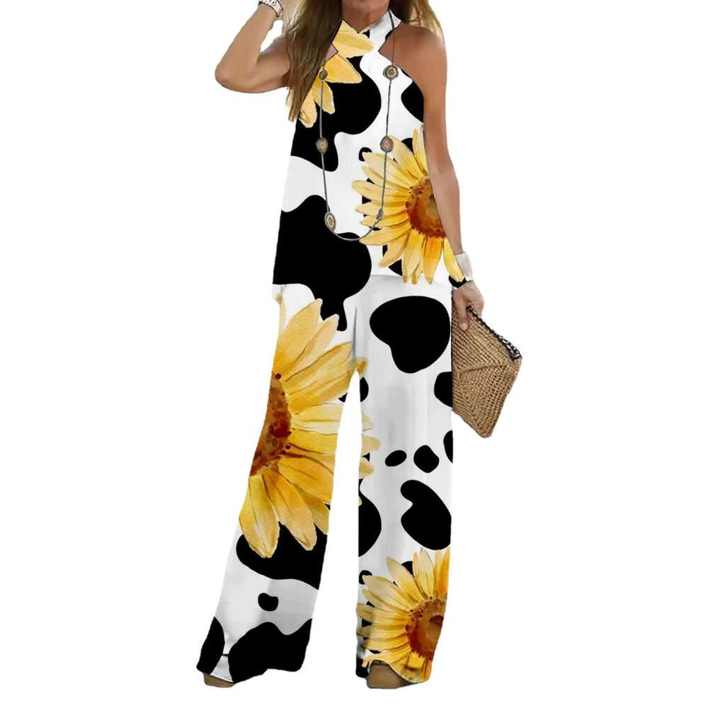 Summer New Women's Cross Halter Neck Sleeveless Printed Casual Wide-Leg Pants Elegant Set B5