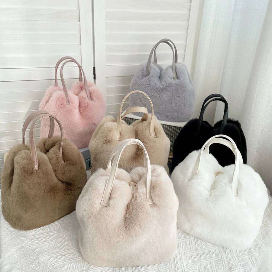 Winter Faux Fur Plush Tote Fashion Large Capacity Bucket Handbag Shoulder Messenger Bag For Women Casual Daily Shopping Bags