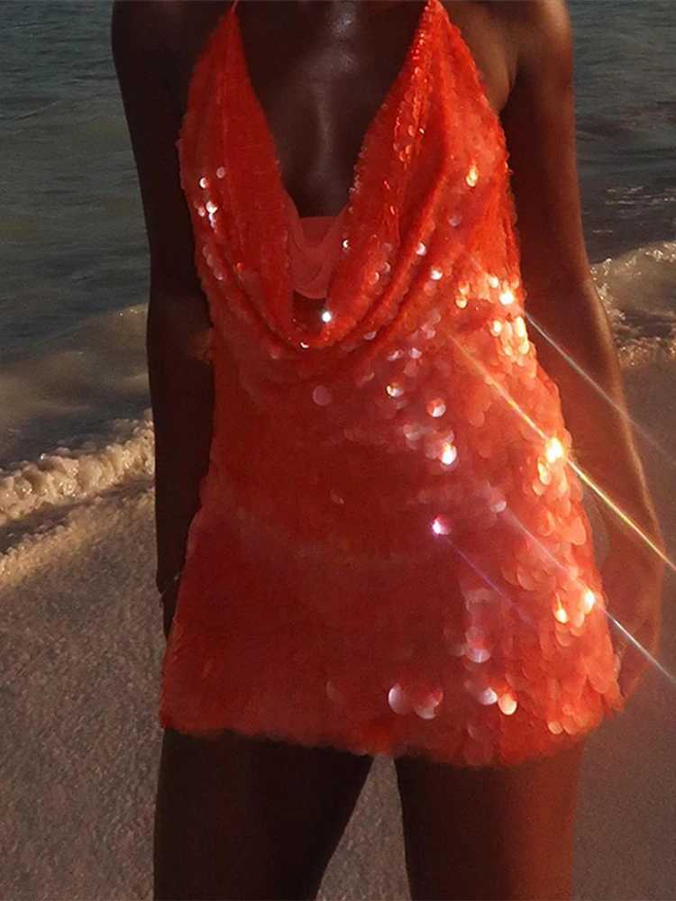 Fashion Halter Sequin Mini Dress Women V-neck Sleeveless Lace Up Backless Pleated Dresses 2025 Summer Chic Lady Beach Dresses XJ250722