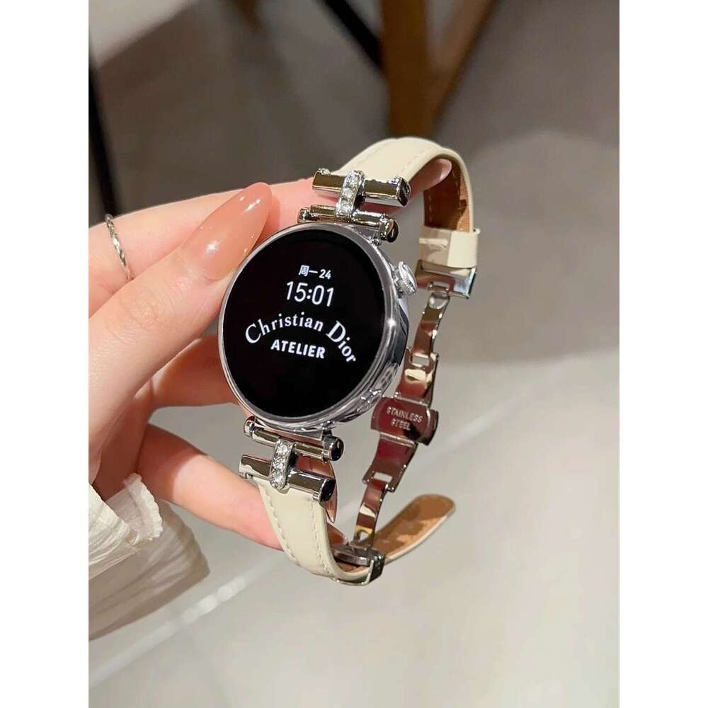 Compatible With Huawei Gt5 Watch Strap Leather Arc De Triomphe Dia-Encrusted Butterfly Buckle Gt3 2Gt4 Prowatch 34 Autumn Winter Women
