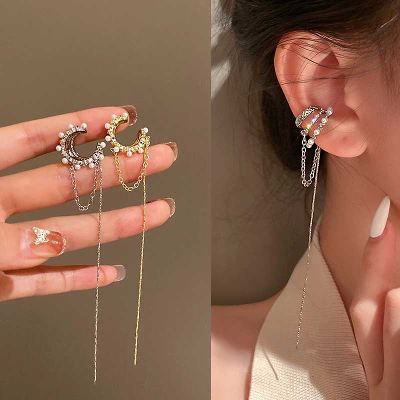 Luxury Multi-Layer Clip Earrings For Women Geometric Shiny Zircon Pearl Ear Bone No Pierced Long Chain Tassel Earring XJ250722