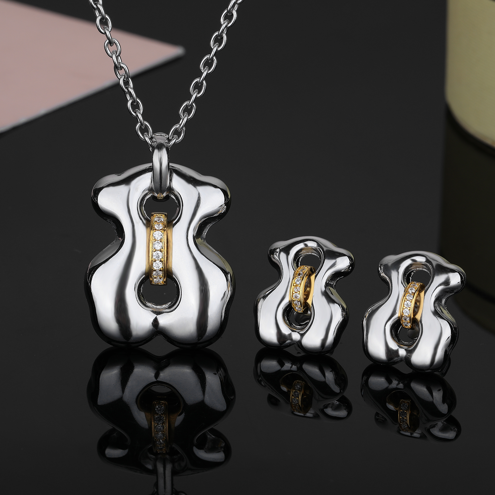 Fashion Women Men Silver Gold Stainless Steel Copper Bear Cartoon Animal Heart Black Zircon Bracelet Pendant Necklace Earrings Sets Jewelry Gift