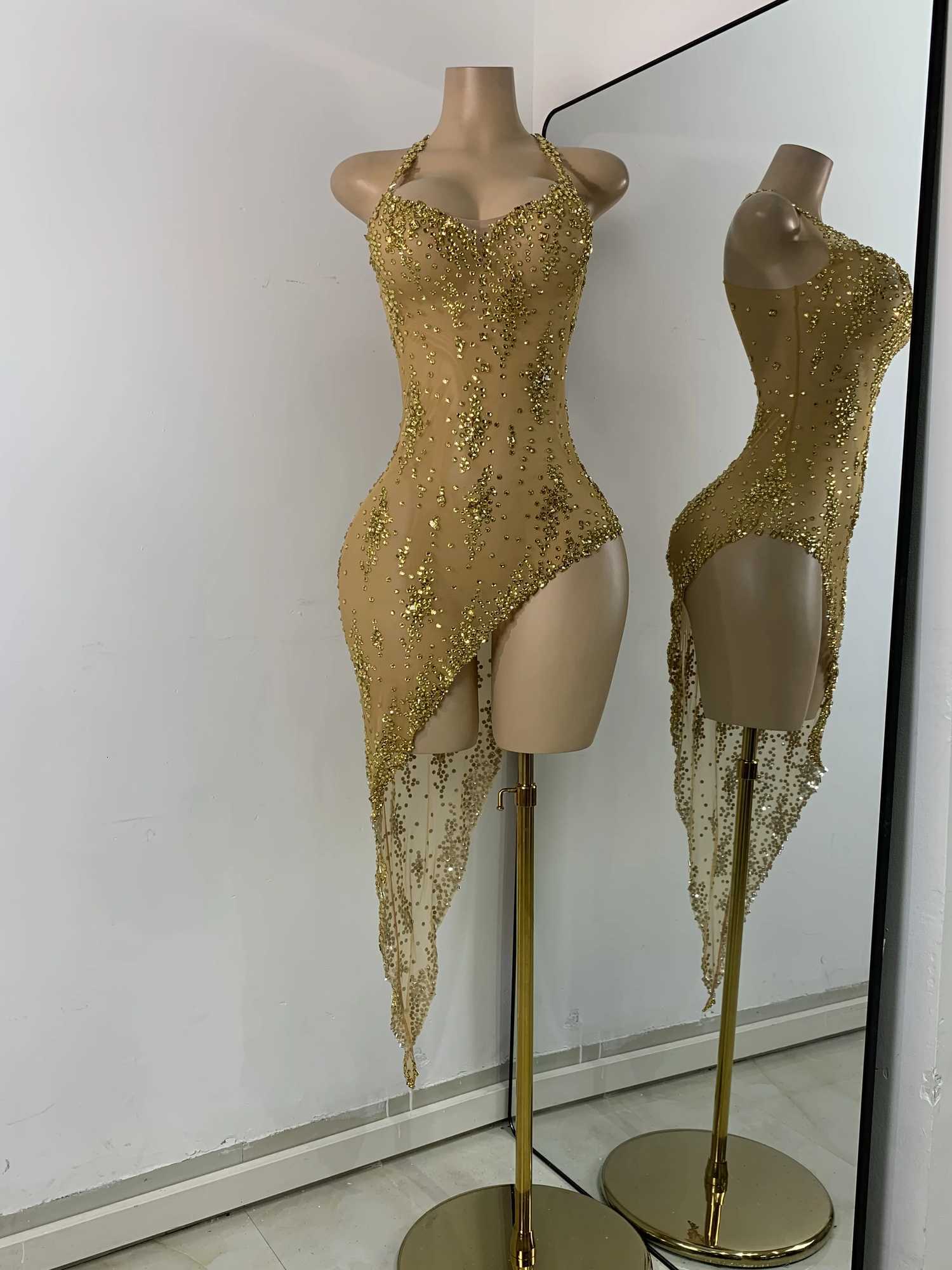 Sparkly Gold Design Evening Party Dress Luxury Rhines See Through Sexy Womens Clothing Mesh Stretch Birthday Dresses XJ250722