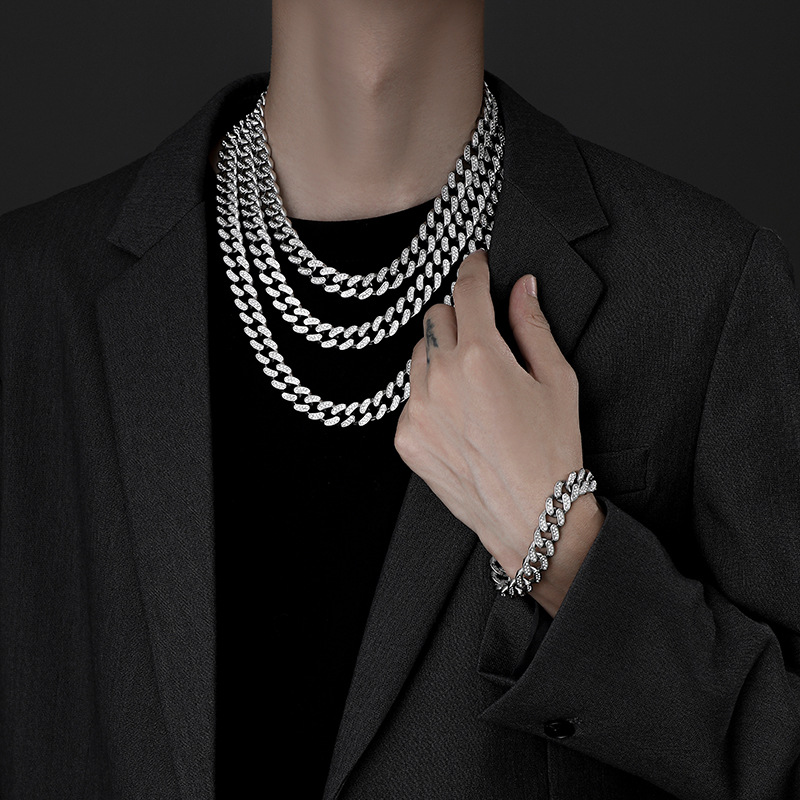 Hip Hop Inspired Mens Solid Silver Look Cuban Link Necklaces with Glittering CZ Stones & Secure Clasp Fastening