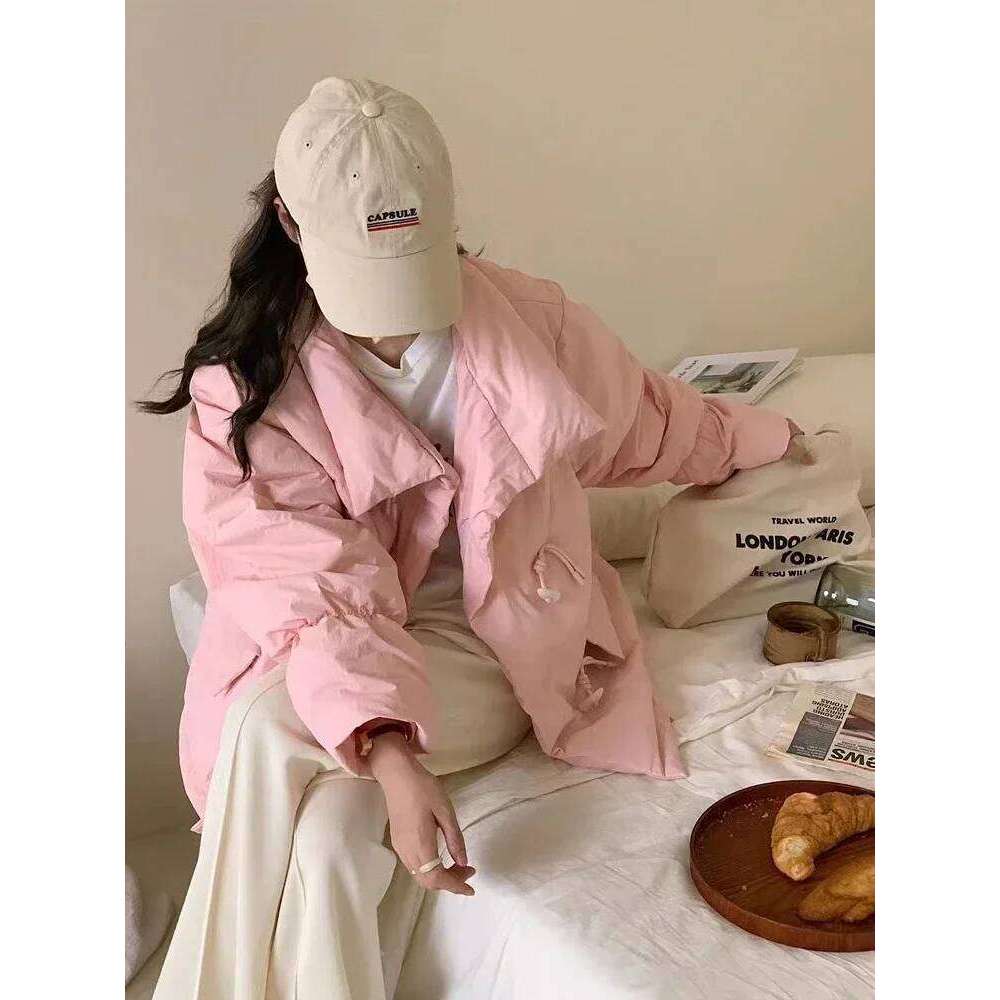 Korean Style Pink Down Jacket Winter Clothes New Fashion Loose Thick Warm Horn Button Short Quilted Coat Women Tops