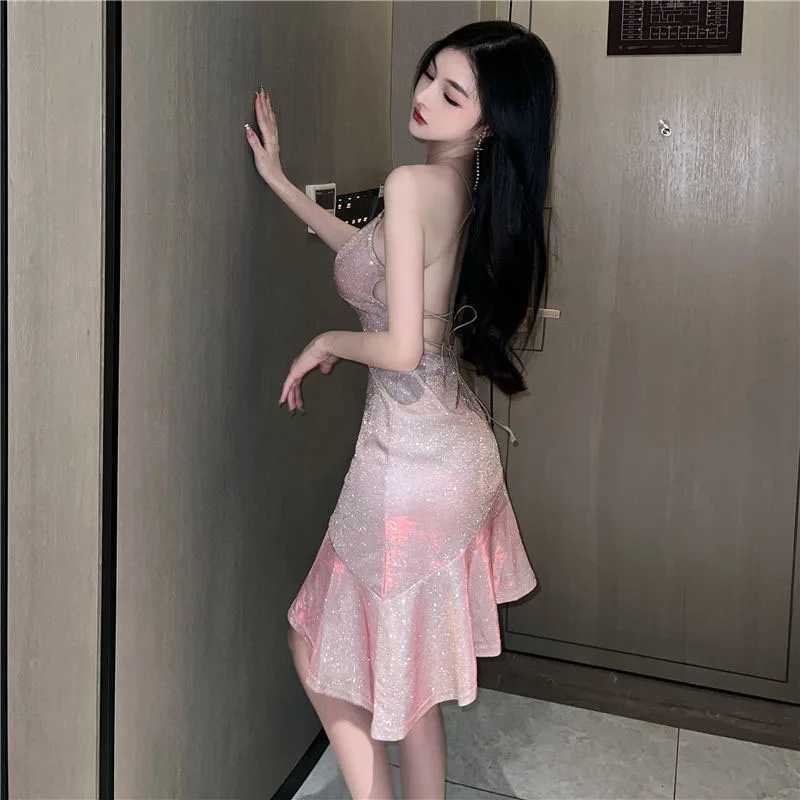Baby Sexy Women Golden Mermaid Dresses Summer Spaghetti Strap Strapless Dress Woman Elastic Solid Color Bandage Dresses Lady XJ250722