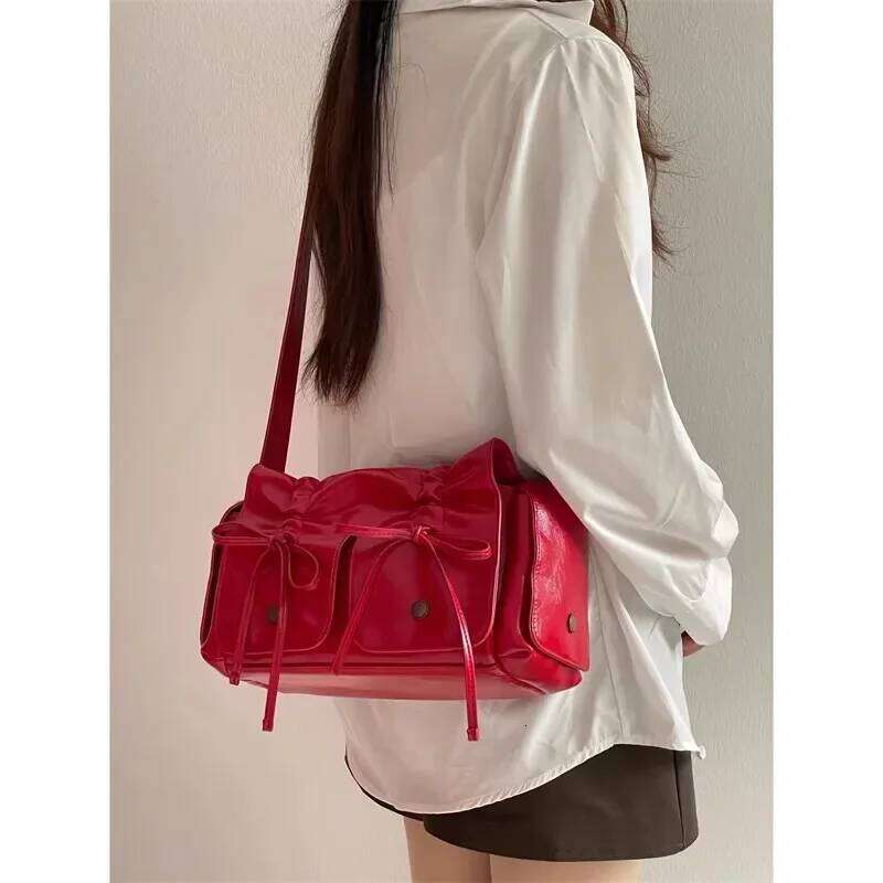 New in Distressed PU Leather Rivet Bow Underarm Pleated Shoulder Bag Bags for Women Designer Handbag and Purses