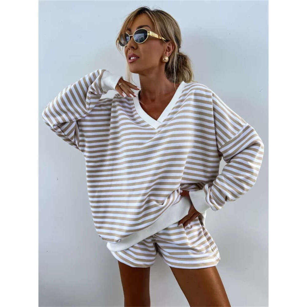 Summer New Women's Casual Striped Long Sleeve V-Neck Loose Top Sports Shorts 2-Piece Set For Women B5