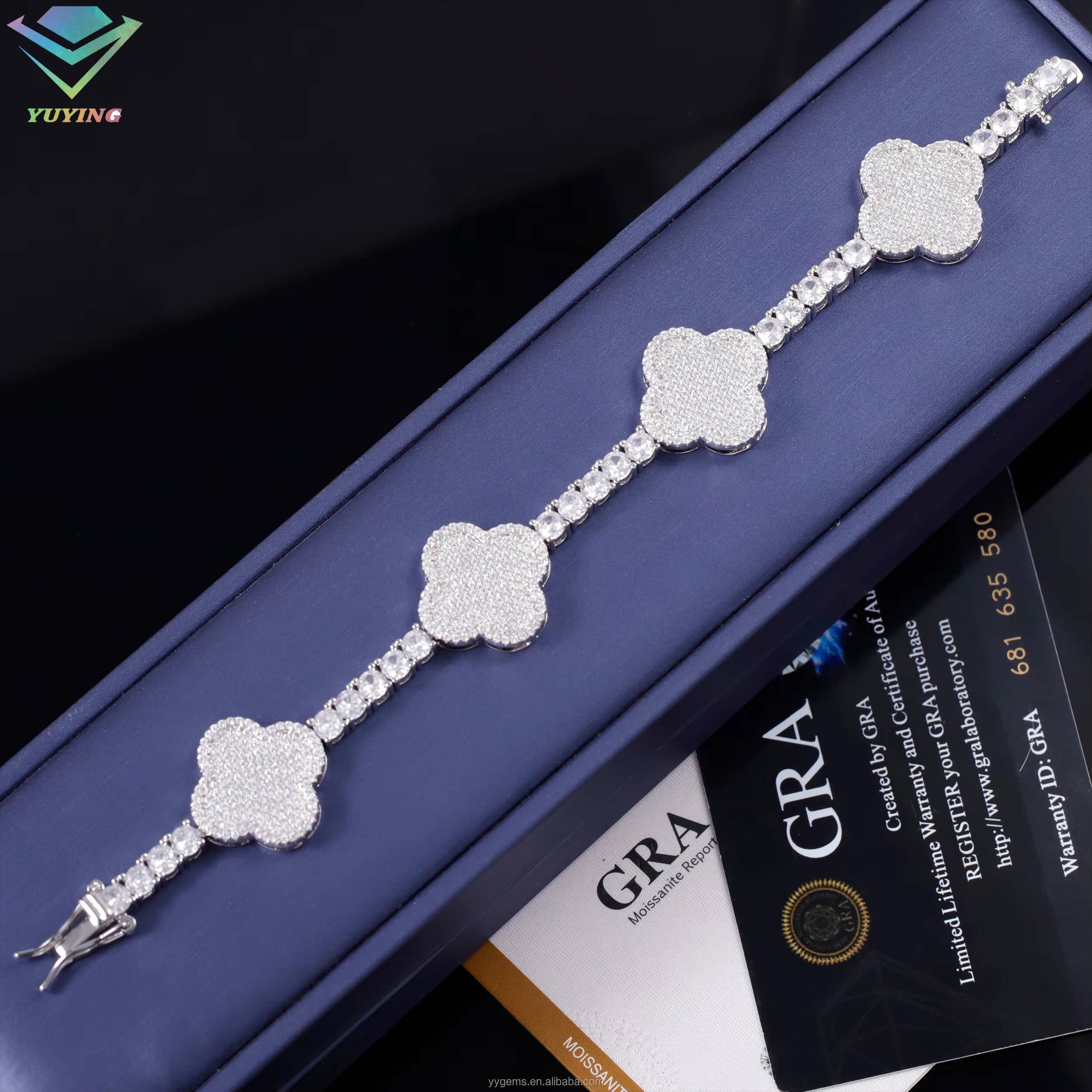 Hip Hop Ice Out Diamond Four Leaf Clover Bracelet 925 Silver VVS Moissanite Tennis Bracelet with GRA Certificate