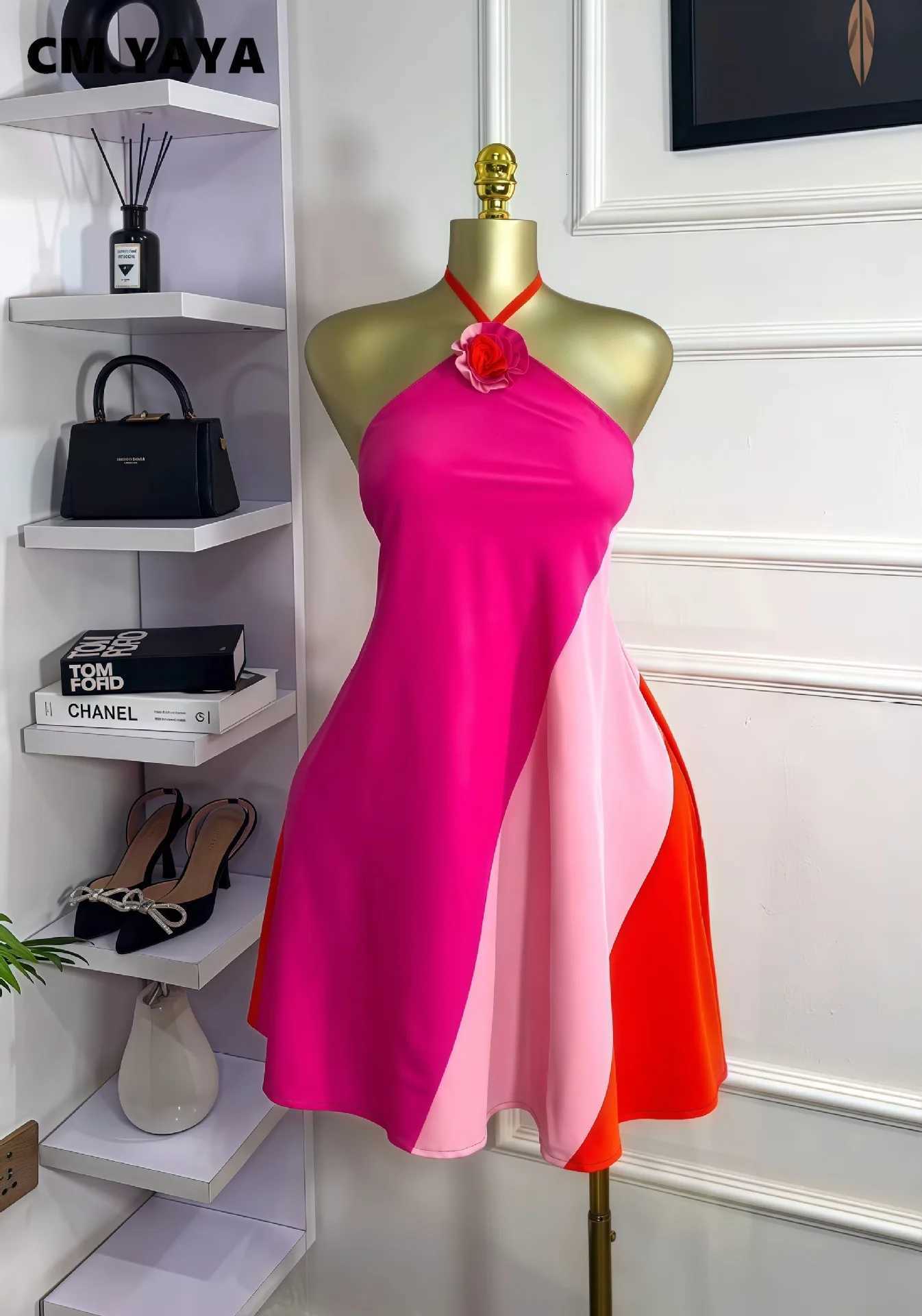 2025 Summer Vacation Birthday Sexy Party Dresses CM.YAYA Women Colorblock Halter Neck Backless Floral Applique A-line Mini Dress XJ250722