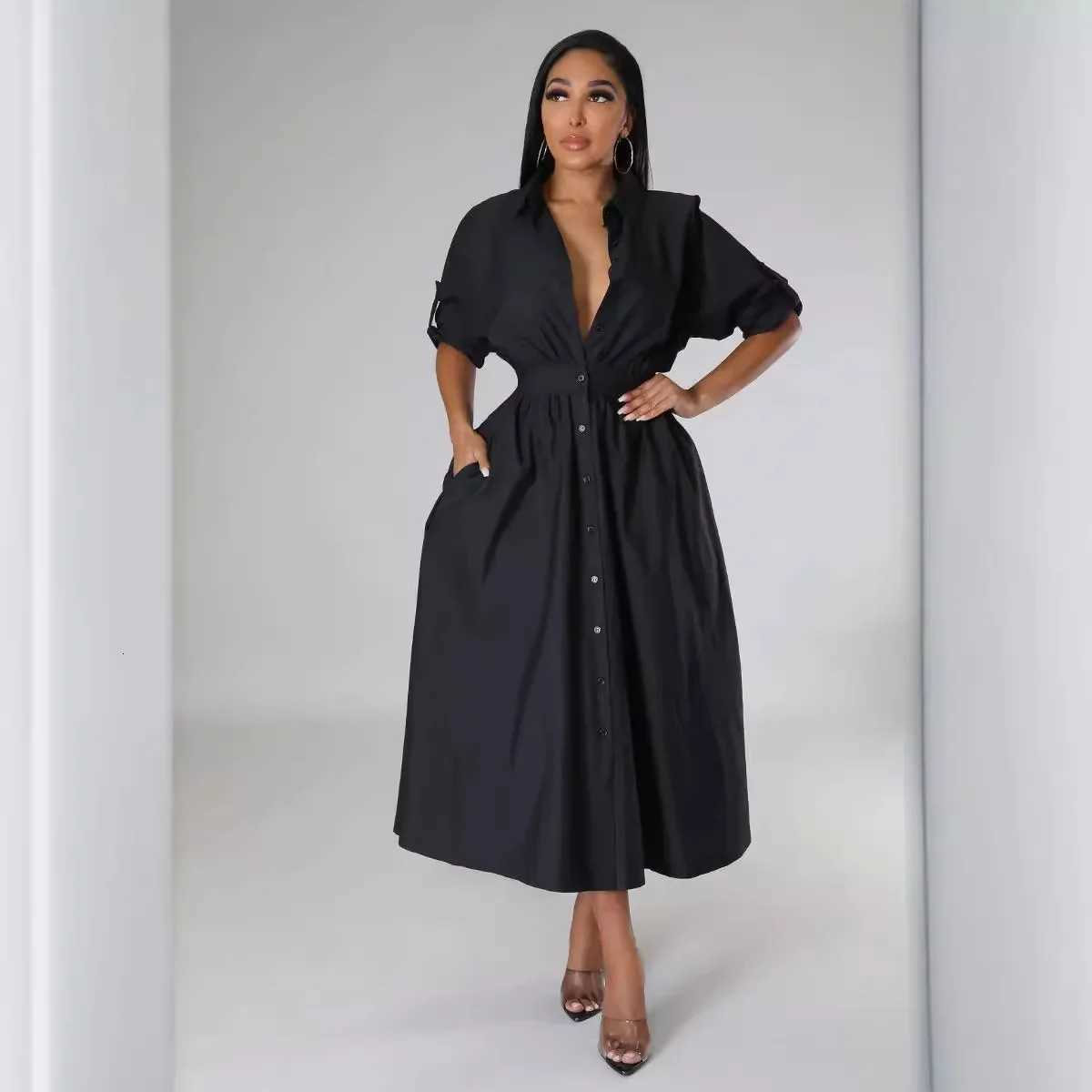 4383 Womens Fashionable Micro-Popping Shirt Dress Loose-Fit Long Sleeve Long Dress European and American Style XJ250722
