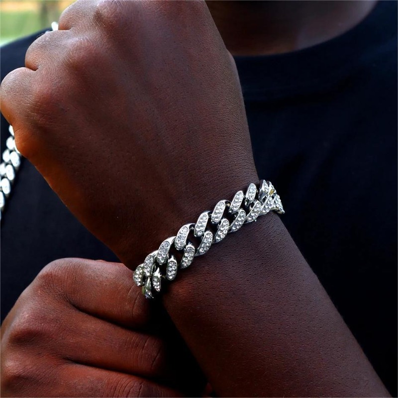 Hip Hop Inspired Mens Solid Silver Look Cuban Link Necklaces with Glittering CZ Stones & Secure Clasp Fastening