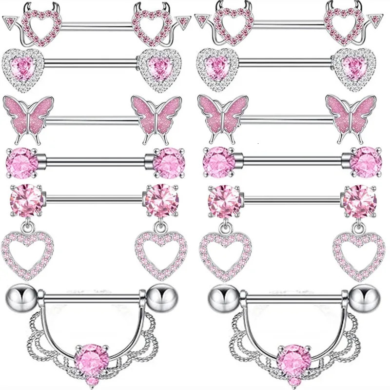 Pink Devil Nipple Piercing Jewelry Set Heart Crystal Nipple Rings Bulk Shiny Butterfly Nipple Barbell Dangle Lot Piercing Pezon 250722