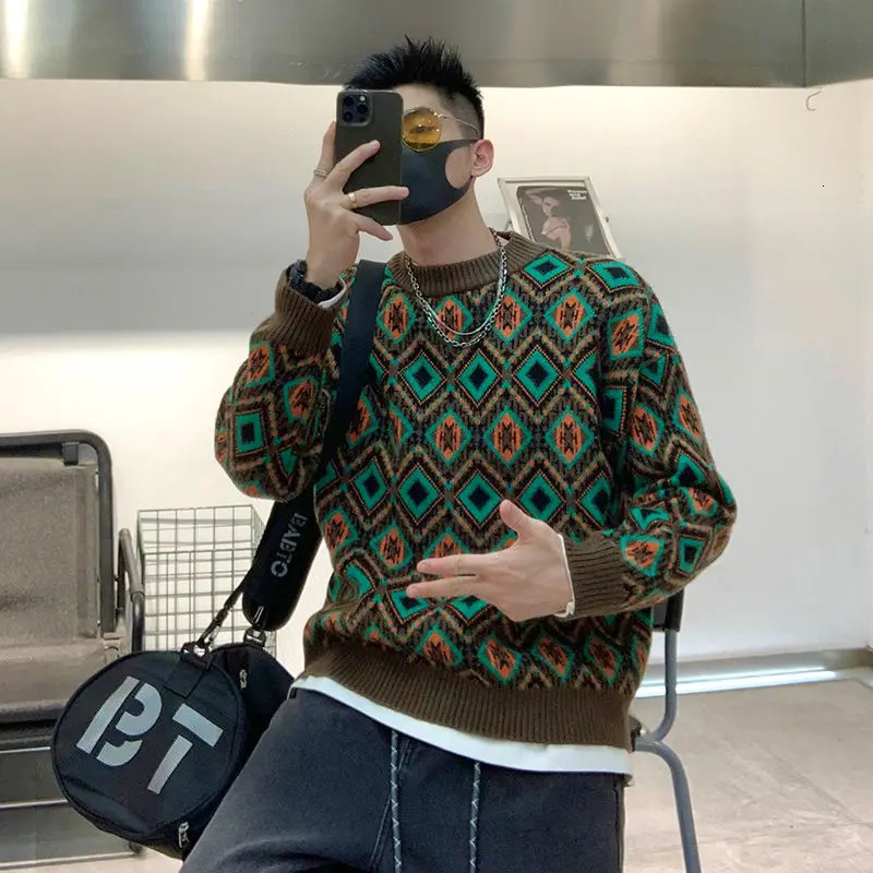 Autumn Winter Fashion Round Neck Long Sleeve Patchwork Printing Pullovers Mens Clothing Casual Loose Knitting Trend Tops 250717