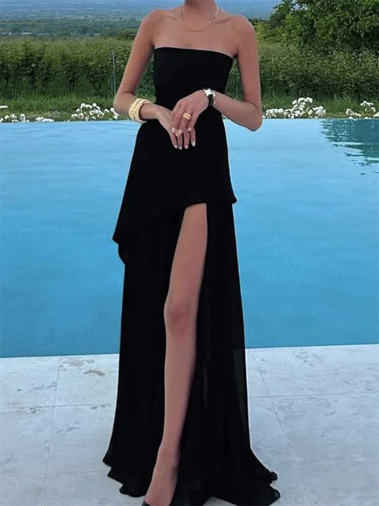 Women Strapless Dress Off Shoulder Sleeveless Open Back High Split Long Dress with Scarf for Evening Party XJ250722