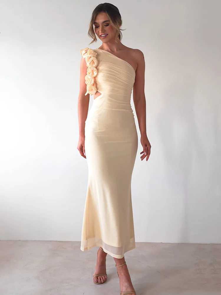 Articat Ele Sveless Slant Shoulder Flower Dress Women Spring/Summer 2025 Sexy Mesh Wrap Hip Dress Party Evening Dress XJ250722