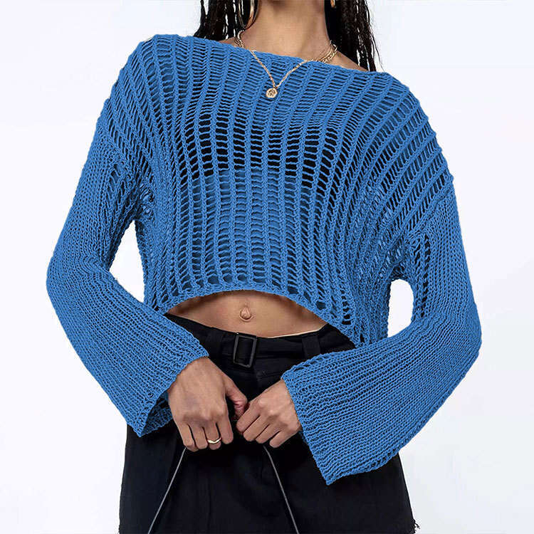 Spring Summer For Women Hand Crocheted Off-Shoulder Hollow-Out Women's Knitted Sweater B5