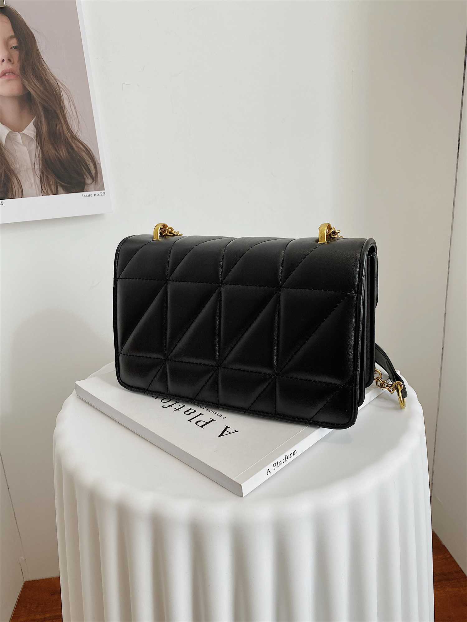 Lock Buckle Embroidered Thread PU Solid Color Small Square Bag Mens Chain Shoulder Bag Y250722