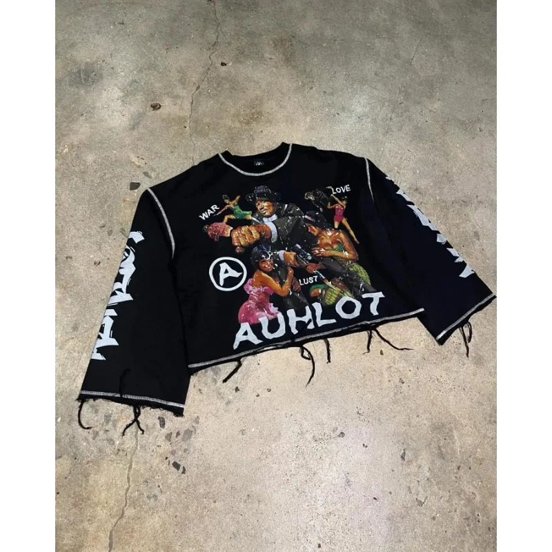 Hip-hop letter printing high quality patchwork long-sleeved T-shirts for men summer versatile cotton edge loose retro gothic top 250714