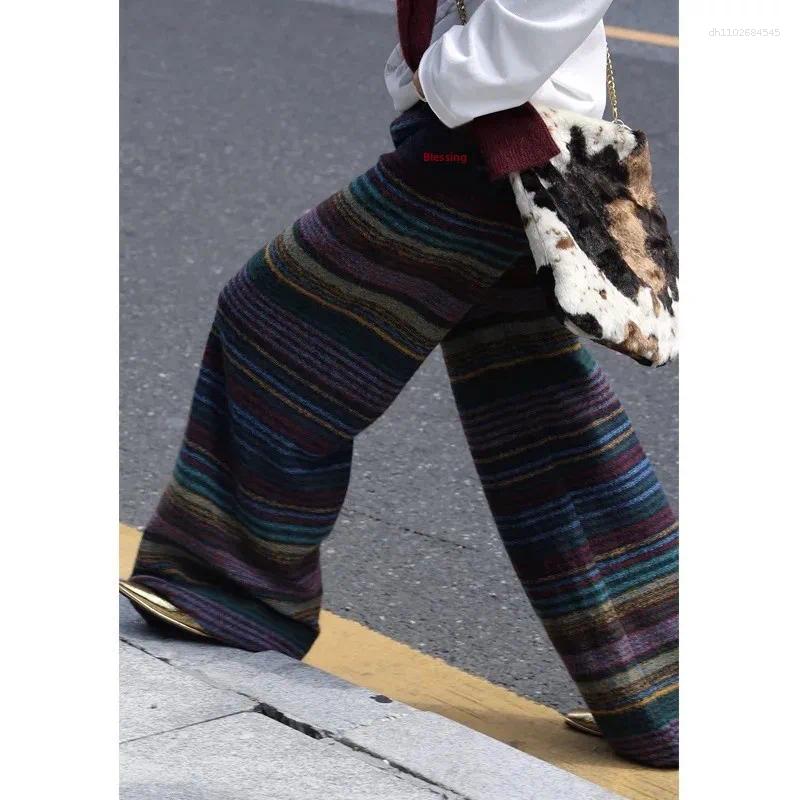 Women's Pants YueJuXing Of The Season Retro Color Block Striped Knitted Casual Long Slimming Design Straight Leg Woolen Wea Z260314